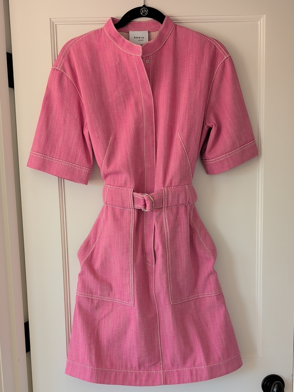 Akris Pink Denim Belted Short-Sleeve Dress Size 8